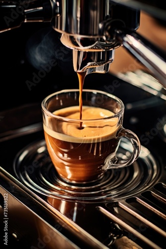 A cup of coffee being poured into a coffee machine. Ideal for coffee lovers and cafes