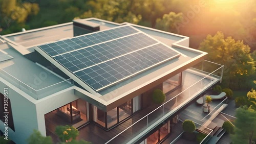 solar panels on the roof of modern villa, renewable energy, green power photo