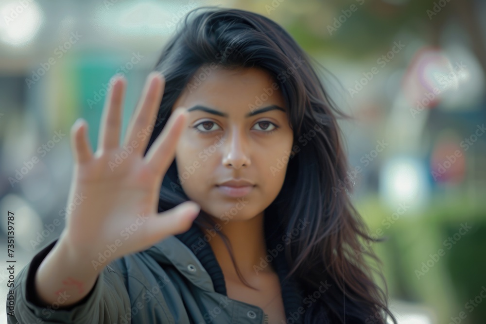 Woman signaling to stop with her hand. Suitable for traffic safety and communication concepts Woman signaling to stop with her hand. Suitable for traffic safety and communication concepts