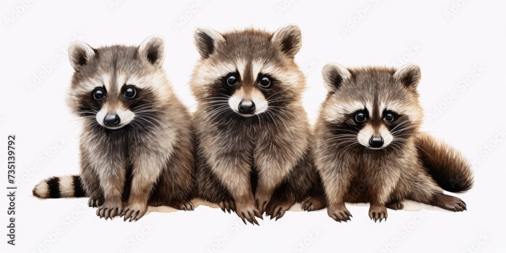 Obraz premium Three raccoons sitting next to each other on a white surface. Perfect for animal lovers or nature-themed designs