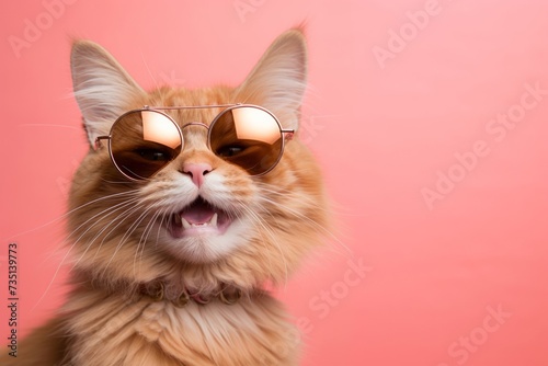 Funny ginger cat wearing sunglasses on a pink background