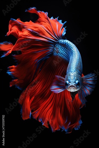 A blue and red fish swimming on a black background. Suitable for aquatic themes and underwater designs © Fotograf