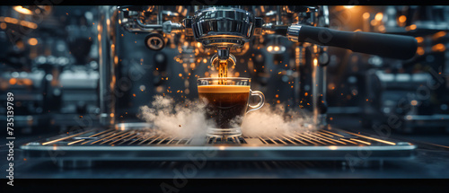 Espresso machine brewing a fresh cup of coffee, concept of morning energy and professional barista work, closeup of caffeine preparation photo