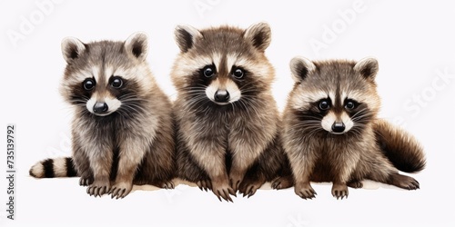 Three raccoons sitting next to each other on a white surface. Perfect for animal lovers or nature-themed designs