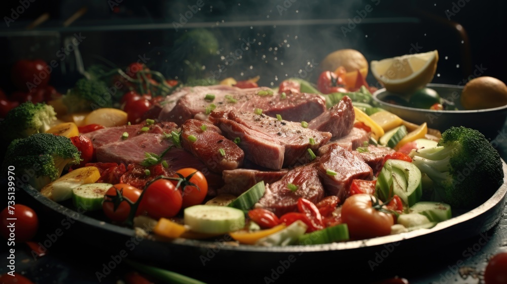 A pan filled with a delicious assortment of meat and vegetables, ready to be enjoyed. Perfect for food-related projects and recipes