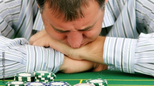 Person with blurred face at a poker table with chips. Shows the stress or uncertainty of gambling or playing poker.