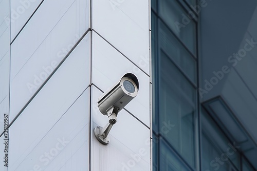 A security camera mounted on the side of a building. Can be used to monitor and ensure safety in various locations