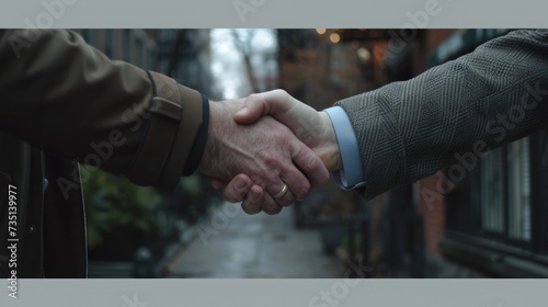 A picture of two people shaking hands in a narrow alleyway. This image can be used to represent a business meeting or negotiation taking place in a unique location