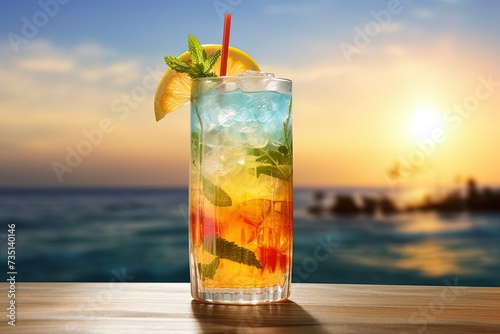 Sunset cocktail bliss, summer colorful drink, blue seaside view on the background