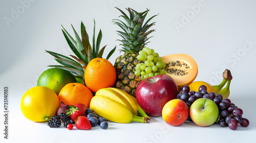 A bountiful selection of fresh  vibrant fruits are scattered artfully on the pristine white background