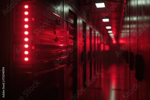 A row of servers with red lights in a server room. Ideal for illustrating technology, data storage, or network security concepts