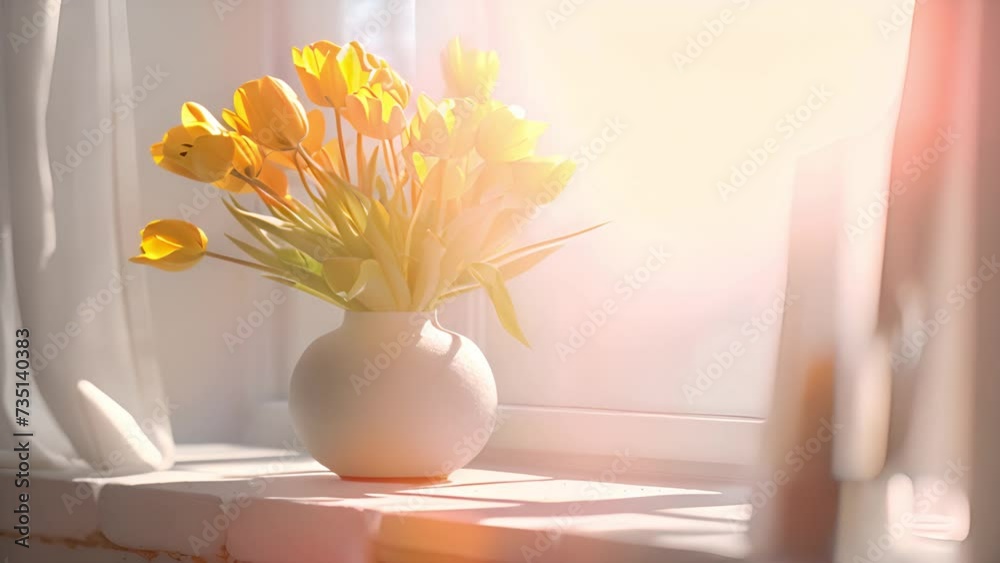 Bouquet of yellow tulips sunlight rays trough window. Spring tulips in vase on windowsill. spring time. Close-up of flowers in the spring sun, bokeh glare, summer, drops. March 8, Women's Day 4k video