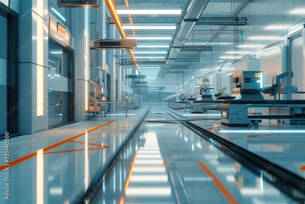 A modern factory with CNC milling machines. A bright ultra clean organized production factory or plant. DX, industry 4.0 concept A modern factory with CNC milling machines. A bright ultra clean organized production factory or plant. DX, industry 4.0 concept