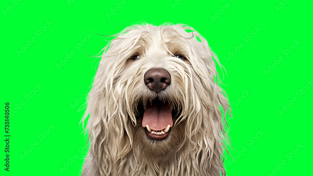 Portrait photo of smiling Komondor on green background