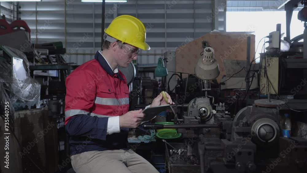 Professional engineering Man Worker at industrial factory wearing uniform and hardhats at Metal lathe industrial manufacturing factory. Engineer Operating lathe Machinery Professional engineering Man Worker at industrial factory wearing uniform and hardhats at Metal lathe industrial manufacturing factory. Engineer Operating lathe Machinery