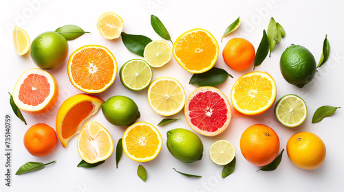 A bountiful selection of fresh  vibrant fruits are scattered artfully on the pristine white background