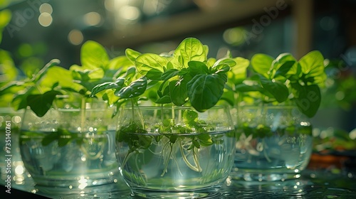 Seedlings of herbs and vegetables grown using water culture in glass jars in a covered greenhouse concept: agro crops, hydroponics, greenhouse seedlings