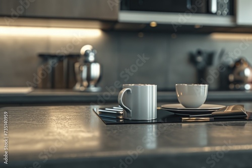 A simple and inviting scene of a cup of coffee sitting on top of a kitchen counter. Perfect for illustrating morning routines, coffee breaks, or cozy home environments