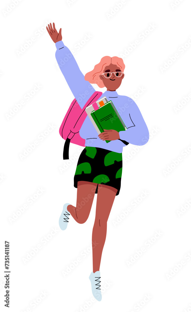 Happy jumping student concept. Girl in casual clothes with backpack. Education, learning and training. Graphic element for website. Cartoon flat vector illustration isolated on white background