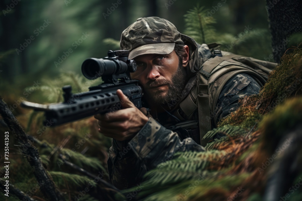 Determined Man wearing camouflage and aiming with hunting rifle in forest. Outdoor ammo game hunter. Generate Ai
