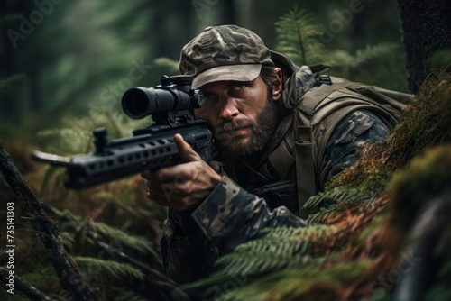 Determined Man wearing camouflage and aiming with hunting rifle in forest. Outdoor ammo game hunter. Generate Ai