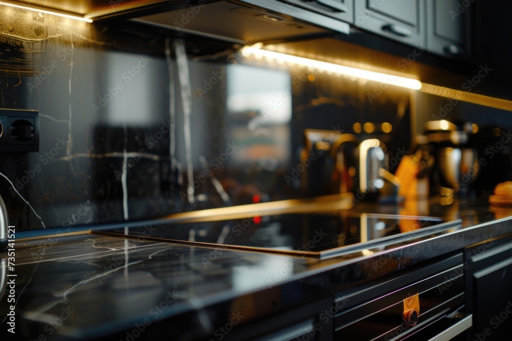 A stove top oven sitting inside of a kitchen. Suitable for kitchen appliance or home cooking concepts - obrazy, fototapety, plakaty 
