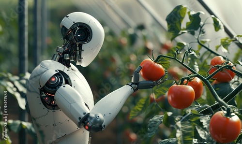 a white AI human robot reaching out to pick a fresh tomato from his garden in a post-apocalyptic scene
