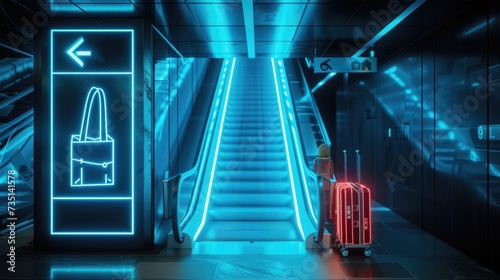 A person holding a suitcase next to a vibrant neon sign. This image can be used to represent travel, tourism, or urban exploration