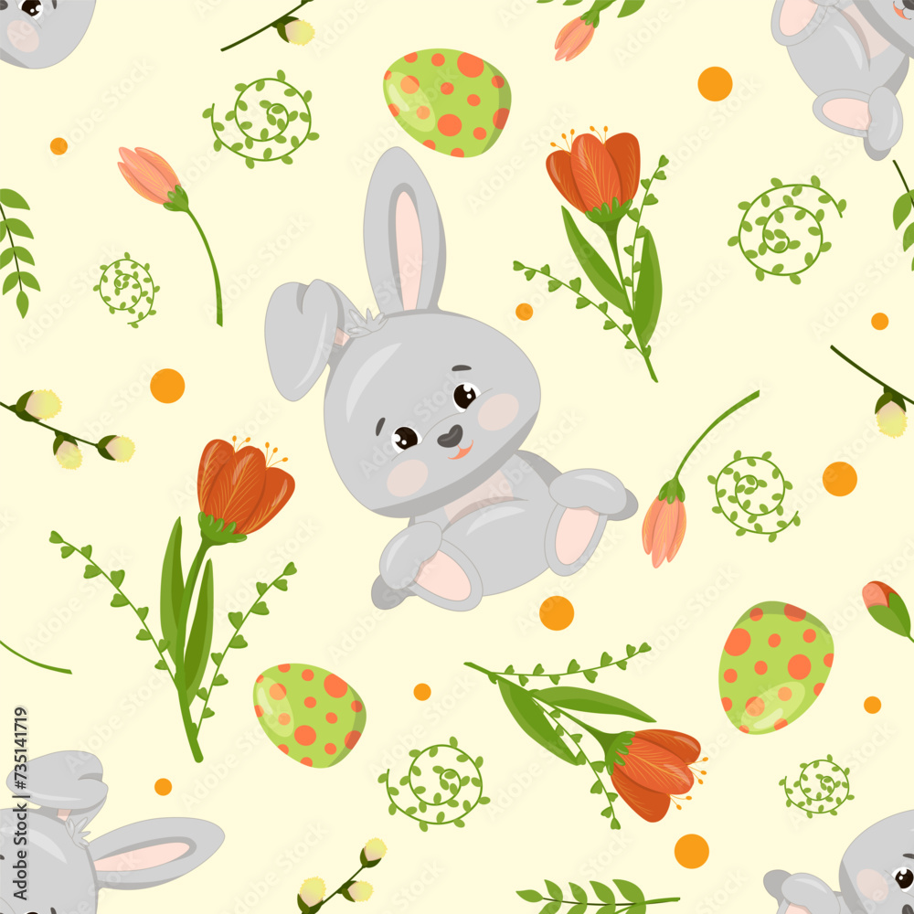 Lovely Easter seamless pattern, with cute bunny, eggs and flowers, great for banners, wallpapers, packaging, children s textiles, vector design Lovely Easter seamless pattern, with cute bunny, eggs and flowers, great for banners, wallpapers, packaging, children s textiles, vector design
