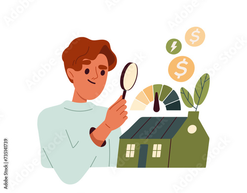 Home energy efficiency audit concept. Man with magnifying glass look at building. Financial literacy and budgeting. Eco friendly guy. Cartoon flat vector illustration isolated on white background