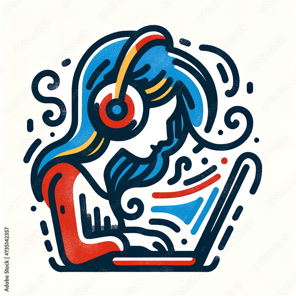 Fototapeta premium woman with headphones and a laptop, in a minimalistic Notion concept illustration style. The doodle is in flat blue, red