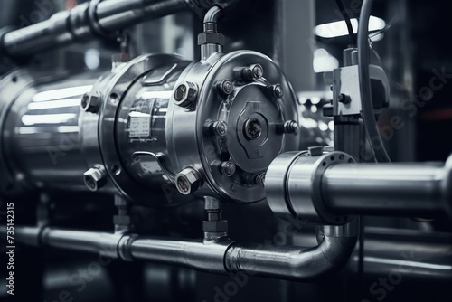 A detailed view of a machine featuring various pipes and valves. This image can be used to illustrate industrial processes or mechanical systems.