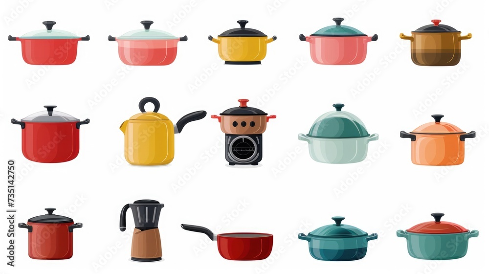 A collection of different pots and pans arranged on a white background. Suitable for cooking and kitchen-related themes A collection of different pots and pans arranged on a white background. Suitable for cooking and kitchen-related themes