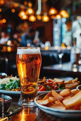A glass of beer sitting next to a plate of delicious food. Perfect for food and beverage advertisements