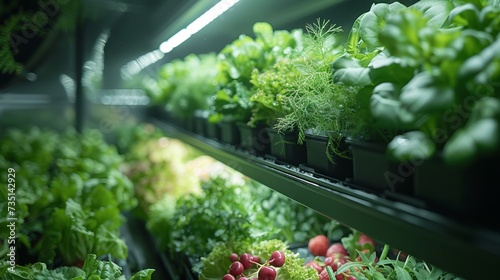 Indoor farm with rows of seedlings of herbs and vegetables under LED lighting concept: agribusiness, greenhouse plants, indoor farm, food