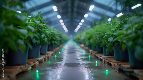 Indoor farm with rows of seedlings of herbs and vegetables under LED lighting concept: agribusiness, greenhouse plants, indoor farm, food photo