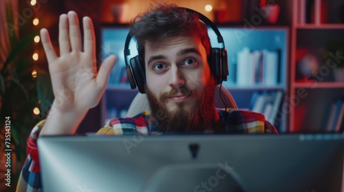 A man sitting in front of a computer wearing headphones