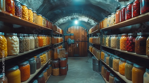 underground cellar with various food supplies for survival and wintering concept: nuclear war, people in a bunker, food, nuclear winter