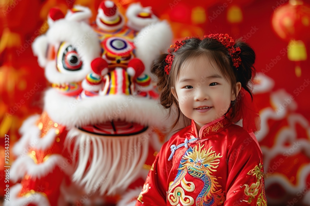 Young girl in red dress with Chinese lion dancer at New Year celebration