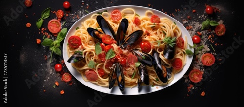 Penne pasta with seafood in a plate on the table Italian pasta dish with mussels squid tomatoes and parmesan close up. Creative Banner. Copyspace image