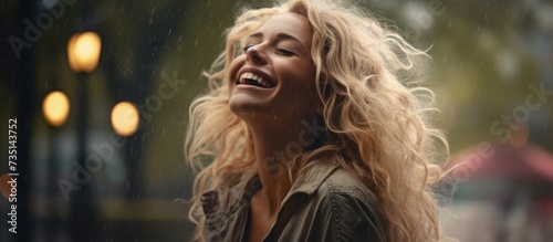 Positive young blonde woman smiling wearing yellow raincoat during the rain in the park Cheerful female enjoying the rain outdoors A beautiful woman catching the raindrops with arms wide open
