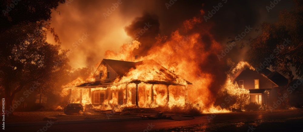 residential suburban home engulfed by fire orange flames with smoke. Creative Banner. Copyspace image