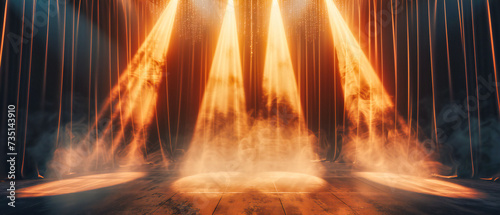 Empty stage with bright spotlights, concept of performance and entertainment, abstract background with glowing beams and smoke