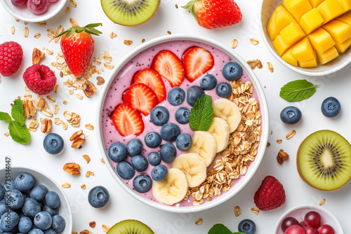 Berry smoothie bowl with granola, coconut and yogurt on a white background