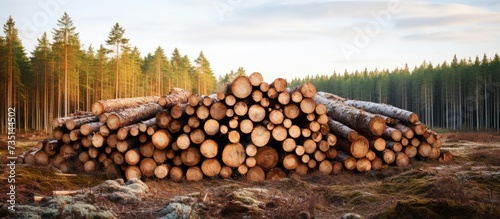Pile of felled pine wood in forest felled illegally from protected area Parnu county Estonia. Creative Banner. Copyspace image photo