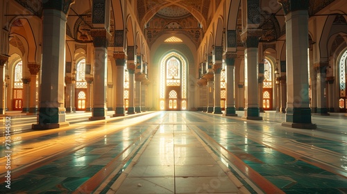 Islamic background with magnificent mosque , creative photograph angles, Interior of Mosque, Concept of Ramadan Kareem, Generative Ai