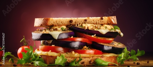Vegetarian Club sandwich with eggplant and cheese. Creative Banner. Copyspace image