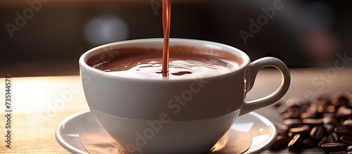 Pouring yummy hot chocolate into mug on table closeup. Creative Banner. Copyspace image