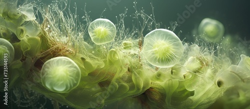 Marine microalgae Diatoma sp and Melosira sp attached to macroalgae Ulva compressa 340x magnification Stacked photo. Creative Banner. Copyspace image photo