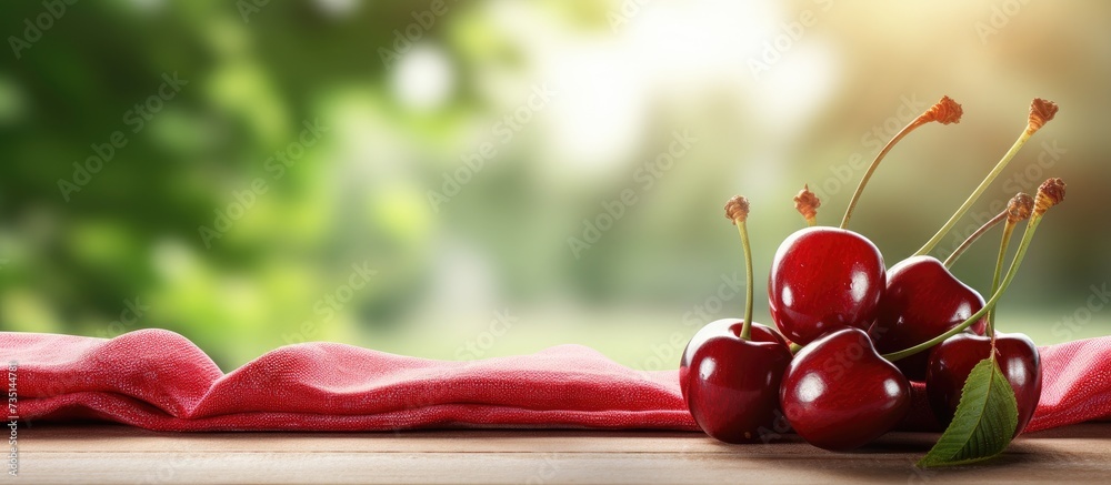 Overturned wicker basket outdoor with big sweet cherries on a piece of cloth on wooden terrace or table background blurred green trees background Huge and massive organic cherry berries with le - obrazy, fototapety, plakaty 